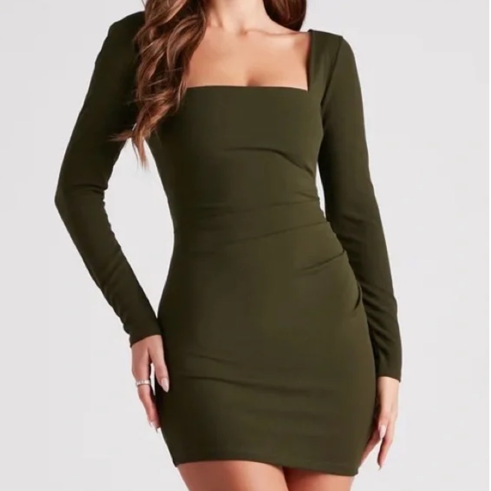 Windsor Olive Green Long Sleeve Mini Dress- Size S